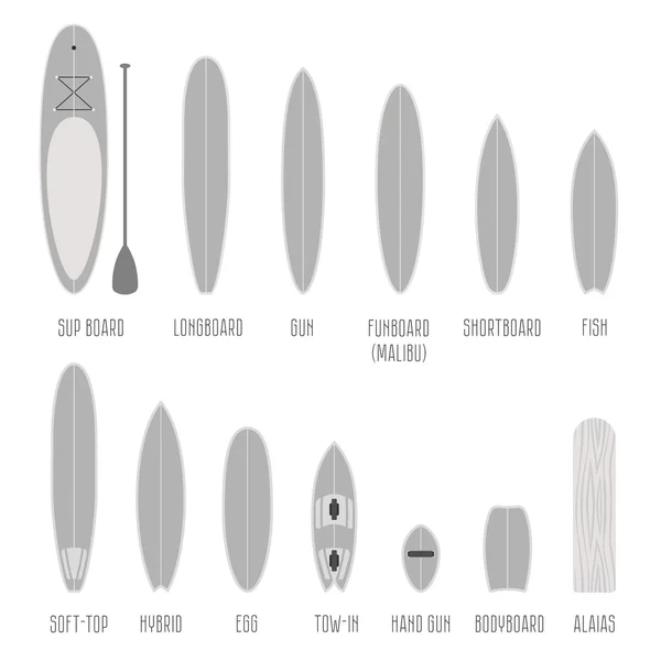 Uppsättning av surfbräda typer, volym former i skala — Stock vektor