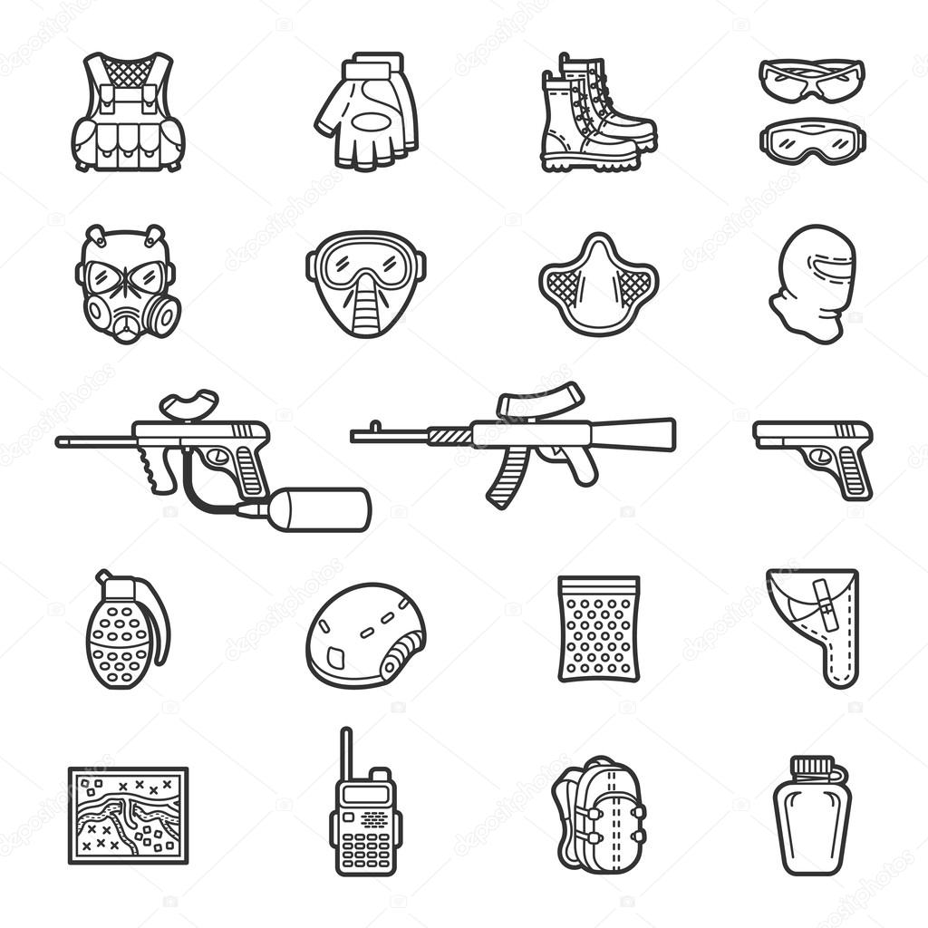 Vector line paintball or airsoft icon set