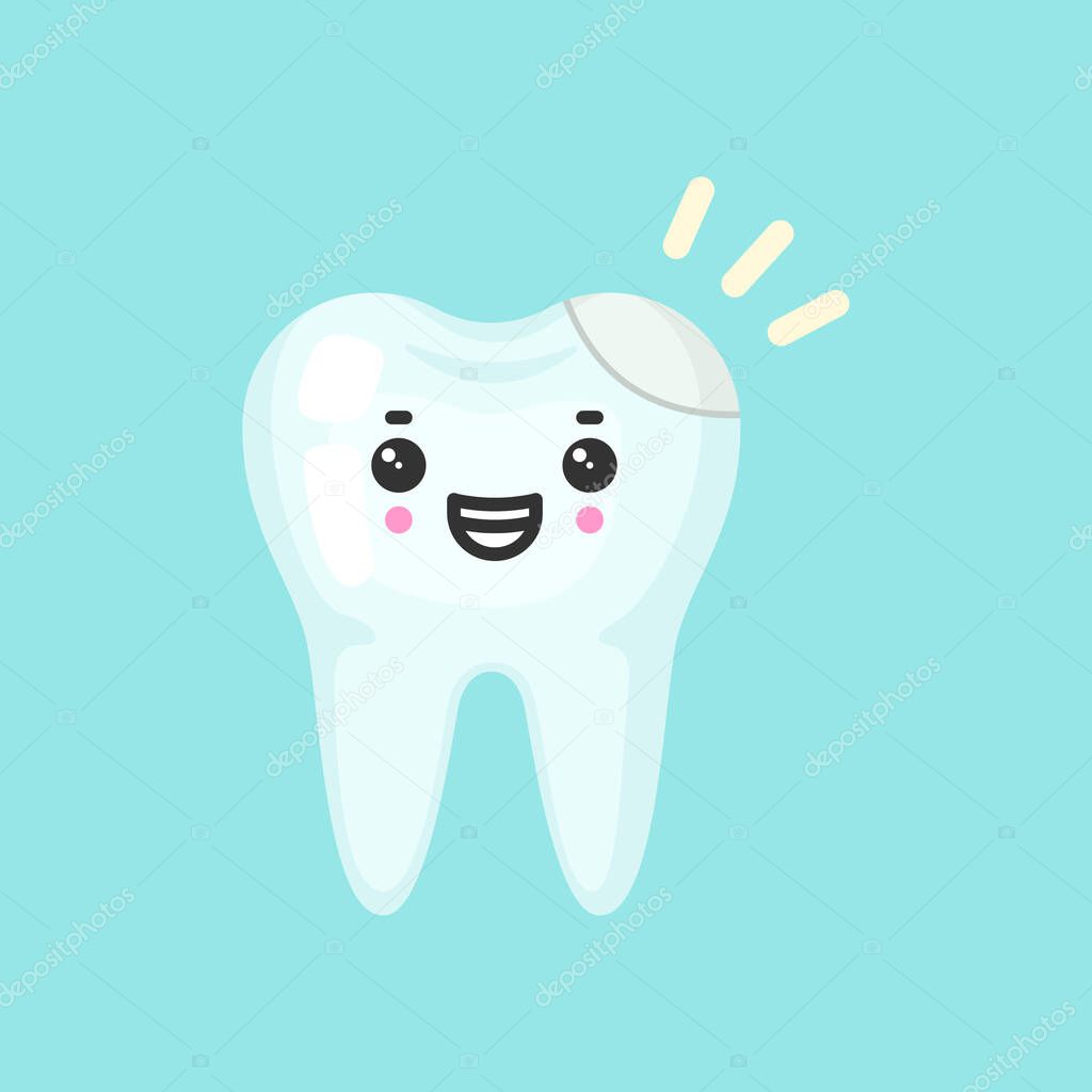 Filling tooth with emotional face, cute colorful vector icon illustration