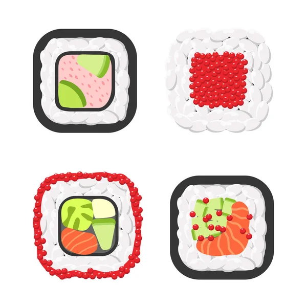 Delicioso color sushi rollos vector icono conjunto — Vector de stock