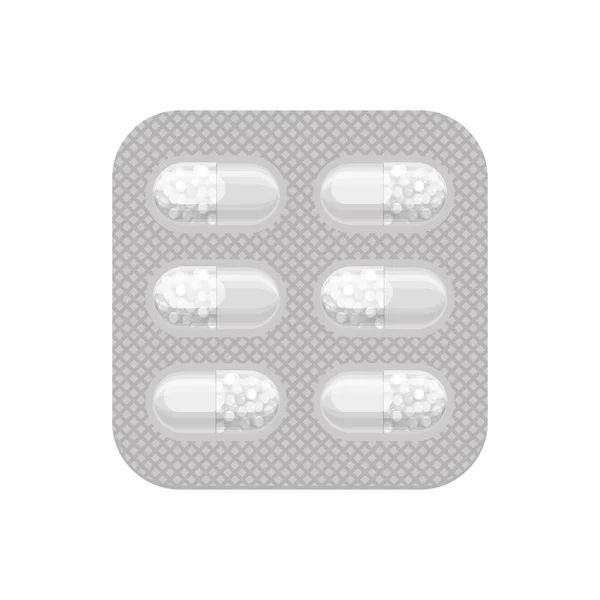 Geneeskunde en pillen in verpakking vector wit realistisch pictogram — Stockvector