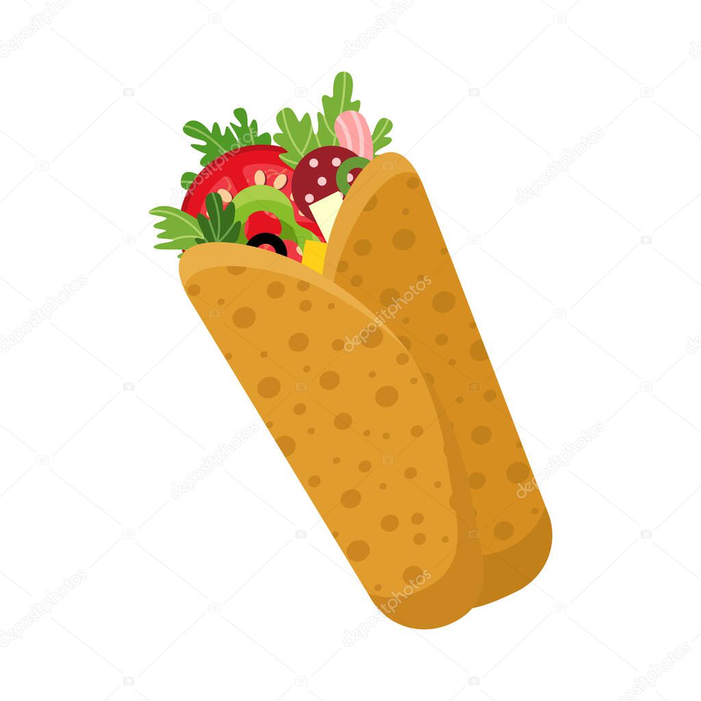 Mexican traditional food, burrito color vector illustration