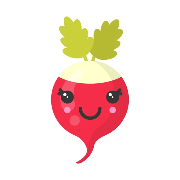 Lindo radishe sonriente, aislado icono vegetal vector colorido — Vector de stock