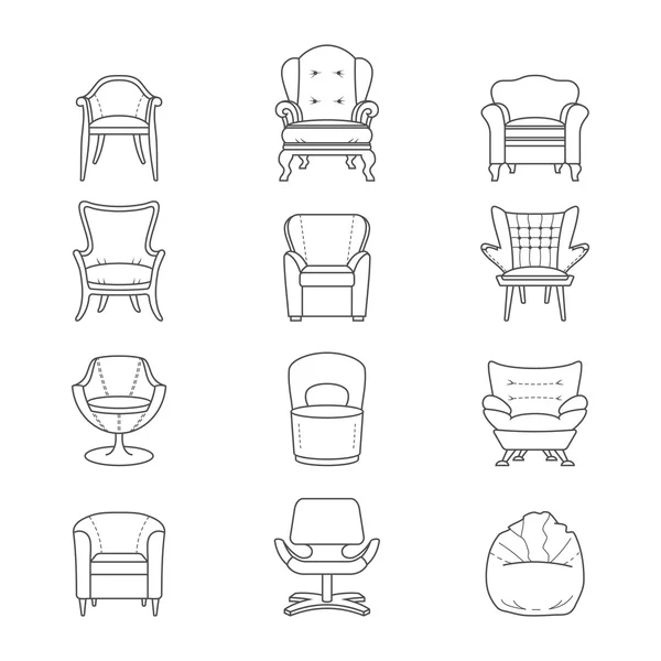 Flache Linie Sessel Vektor isolierte Symbole gesetzt — Stockvektor