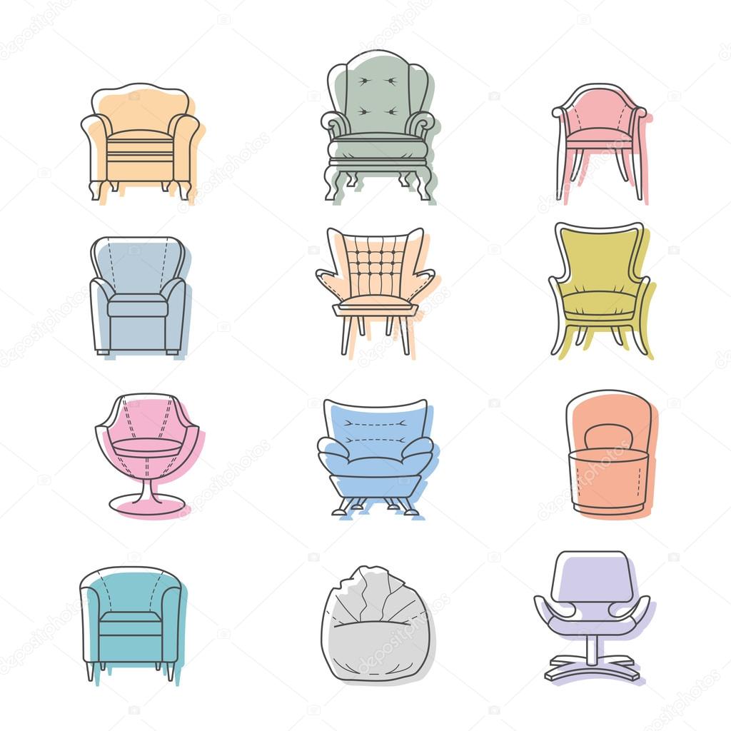 Colorfull armchairs vector isolated icons set