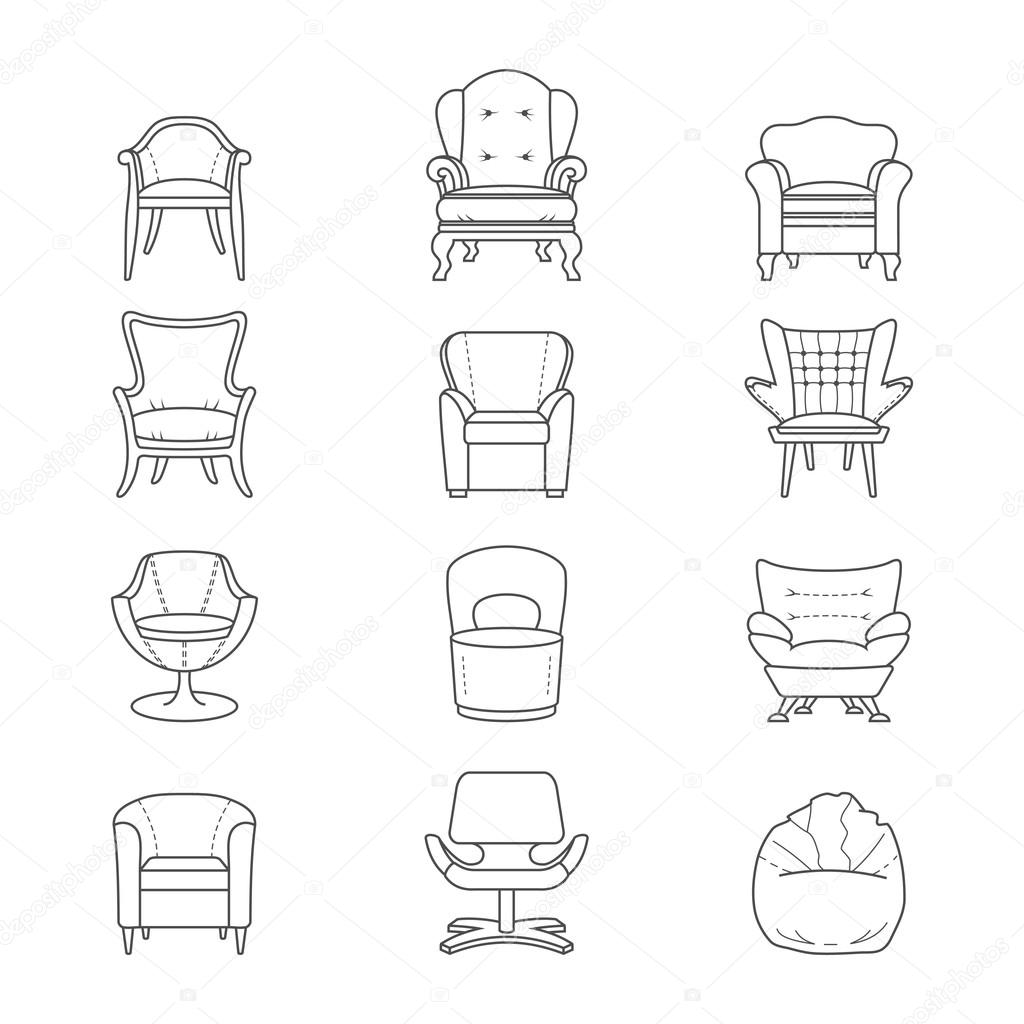 Flat line armchair vector isolated icons set