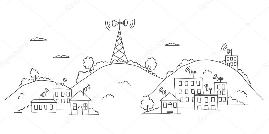 Transmission tower on landscape with signal waves