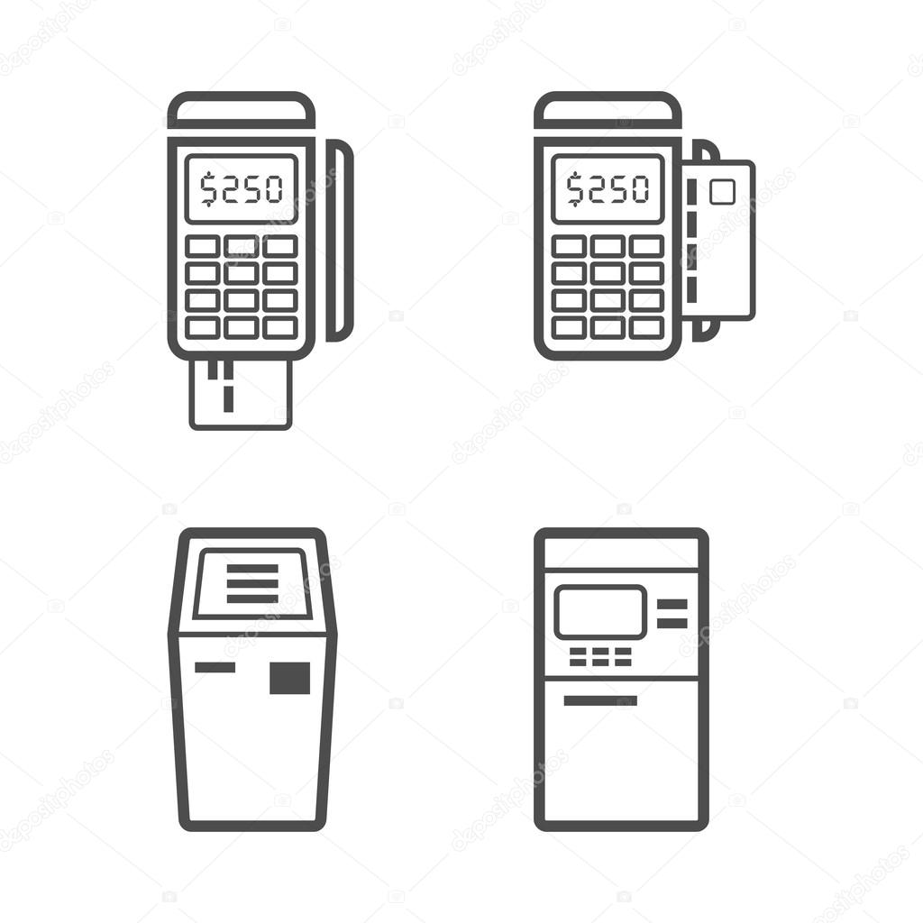 Banking terminal line style vector icon set
