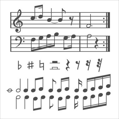 Müzik notlar ve simgeler kümesi vektör