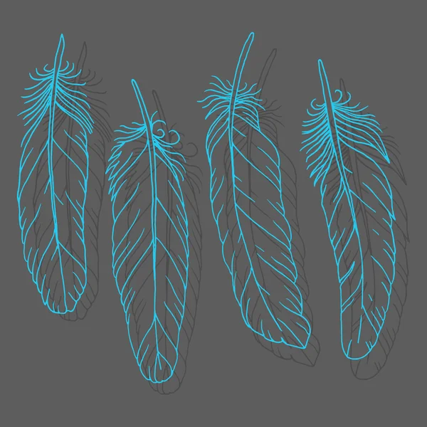 Hand drawn feathers set on dark background — Stock Vector