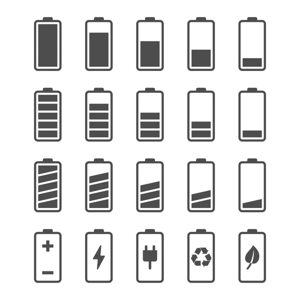 Juego de iconos de batería con indicadores de nivel de carga — Vector de stock
