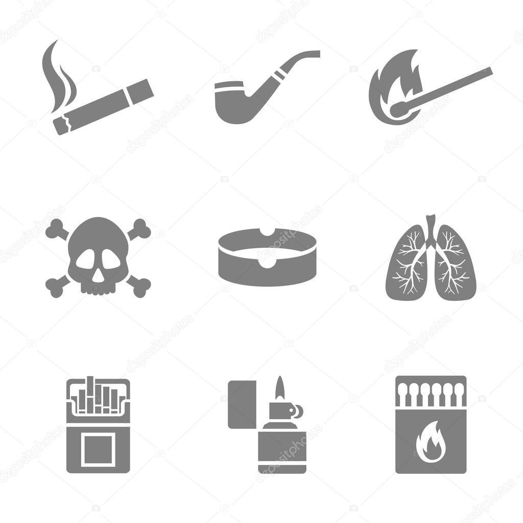 Smoking vector silhouette icons set. 9 elements