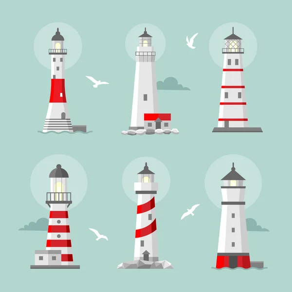 Vector set of cartoon flat lighthouses — Stock Vector