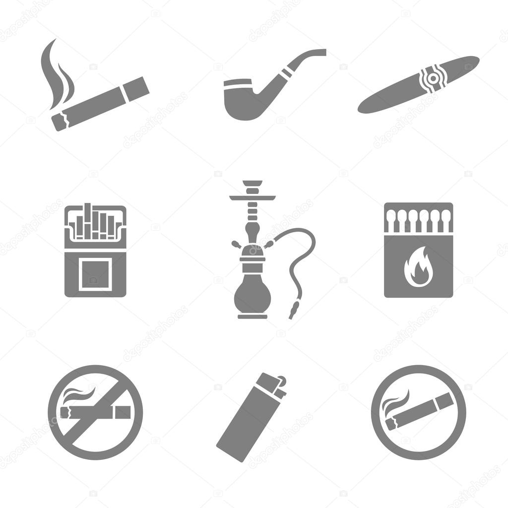 Smoking vector silhouette icons set. 9 elements