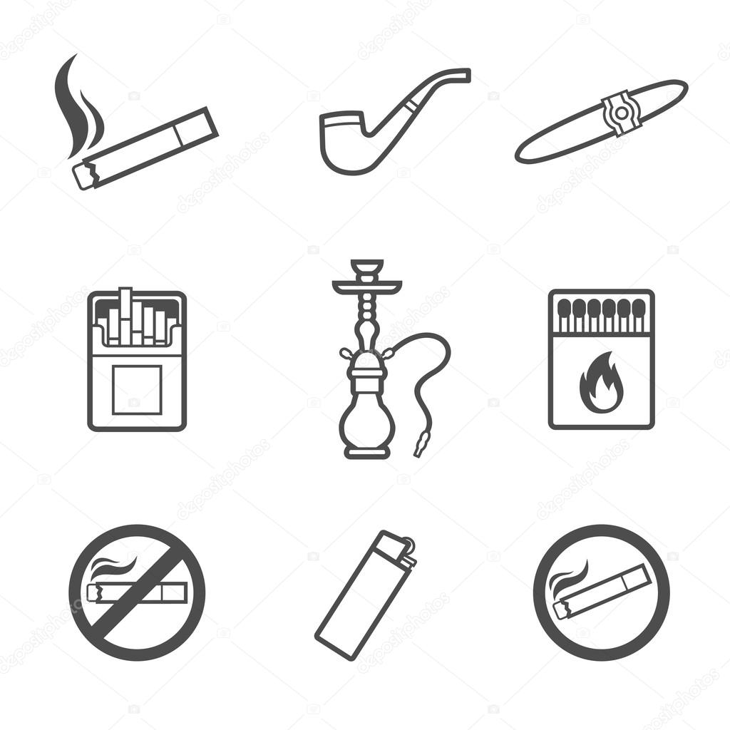Smoking vector line style icons set. 9 elements