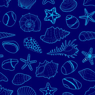 Deniz kabukları, yıldız, taşlar mavi vektör desen