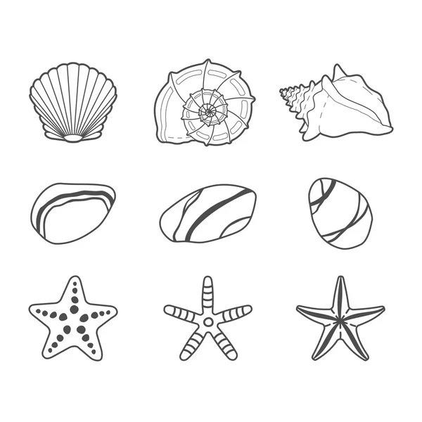 Conjunto de iconos de vectores de conchas marinas, estrellas y piedras — Vector de stock