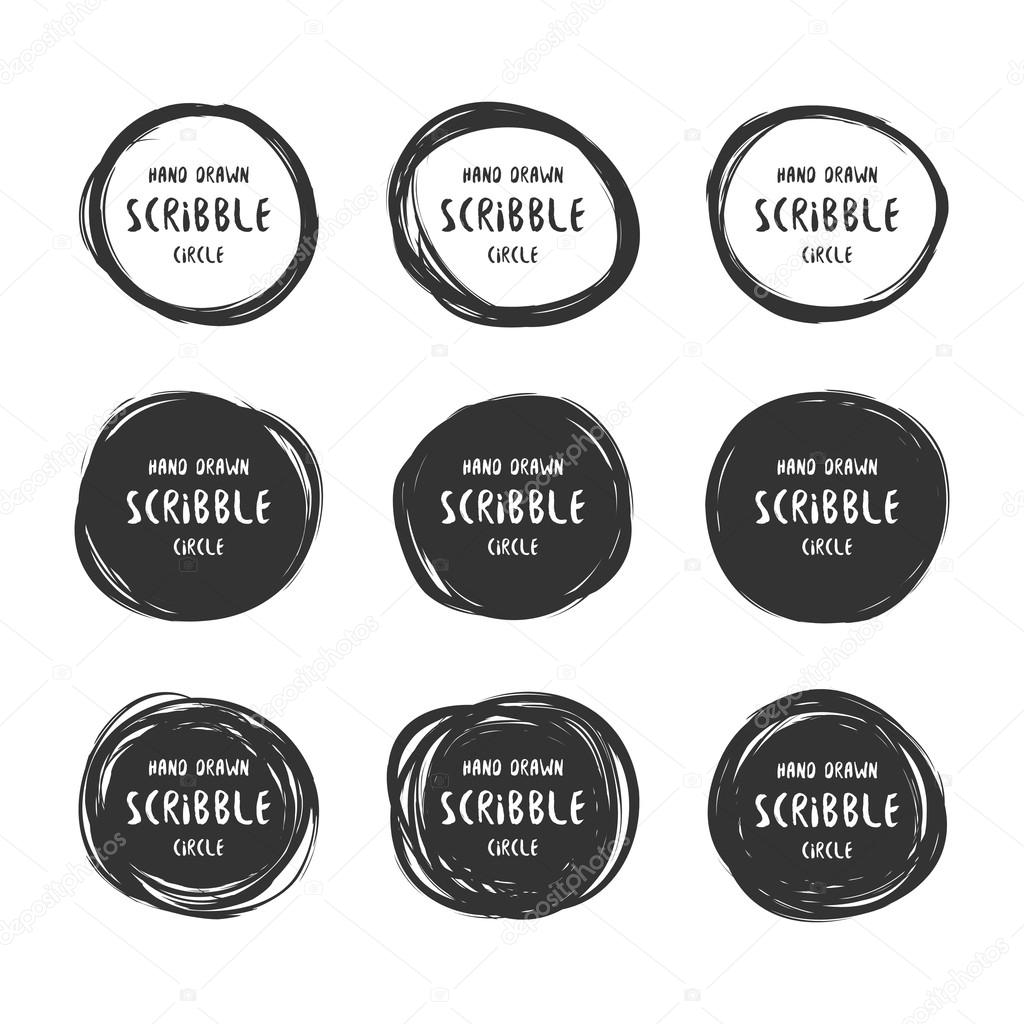 Vector set of 9 hand drawn scribble circles. Logo design elements