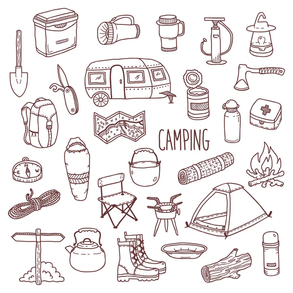 Camping vector hand drawn contour icon set — Stock Vector