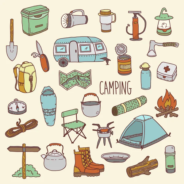 Camping vector dibujado a mano icono colorido conjunto — Vector de stock