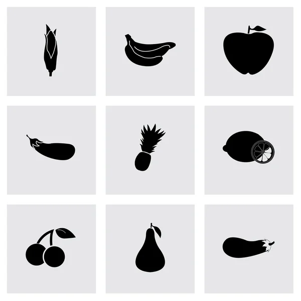 Vector zwarte groenten en fruit pictogrammen instellen — Stockvector