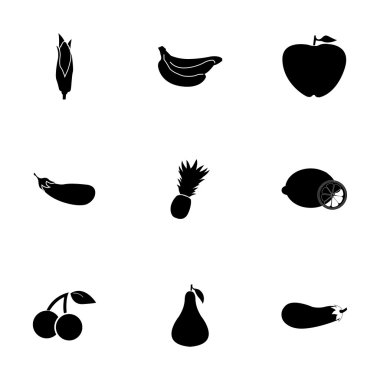vektör siyah meyve ve sebze Icons set