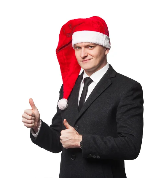 Santa biznesmen bez uśmiech Wyświetlono kciuk w — Zdjęcie stockowe