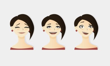 Sevimli vektör illüstrasyonlar çeşitli duygu ile güzel genç esmer sıcak saç kız seti.