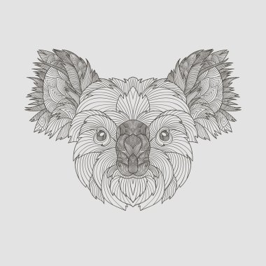 Detay zentangle. Boho el çizilmiş stile koala portre. Vektör çizimi. 