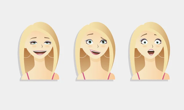 Niedlichen Vektor-Illustrationen Satz von schönen jungen blonden Haaren Mädchen mit verschiedenen Emotionen. — Stockvektor
