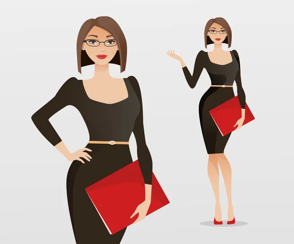 Mujer joven en ropa de oficina elegante y gafas. Ilustración vectorial . — Vector de stock