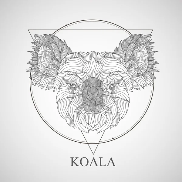 Tête de Koala en style tatouage flash. Illustration vectorielle isolée dessinée à la main dans le dessin de rue. Détail Zentangle. Style Boho . — Image vectorielle