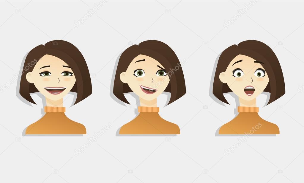 Cute vector illustrations set of beautiful young brunette shot hair girl with various emotion.