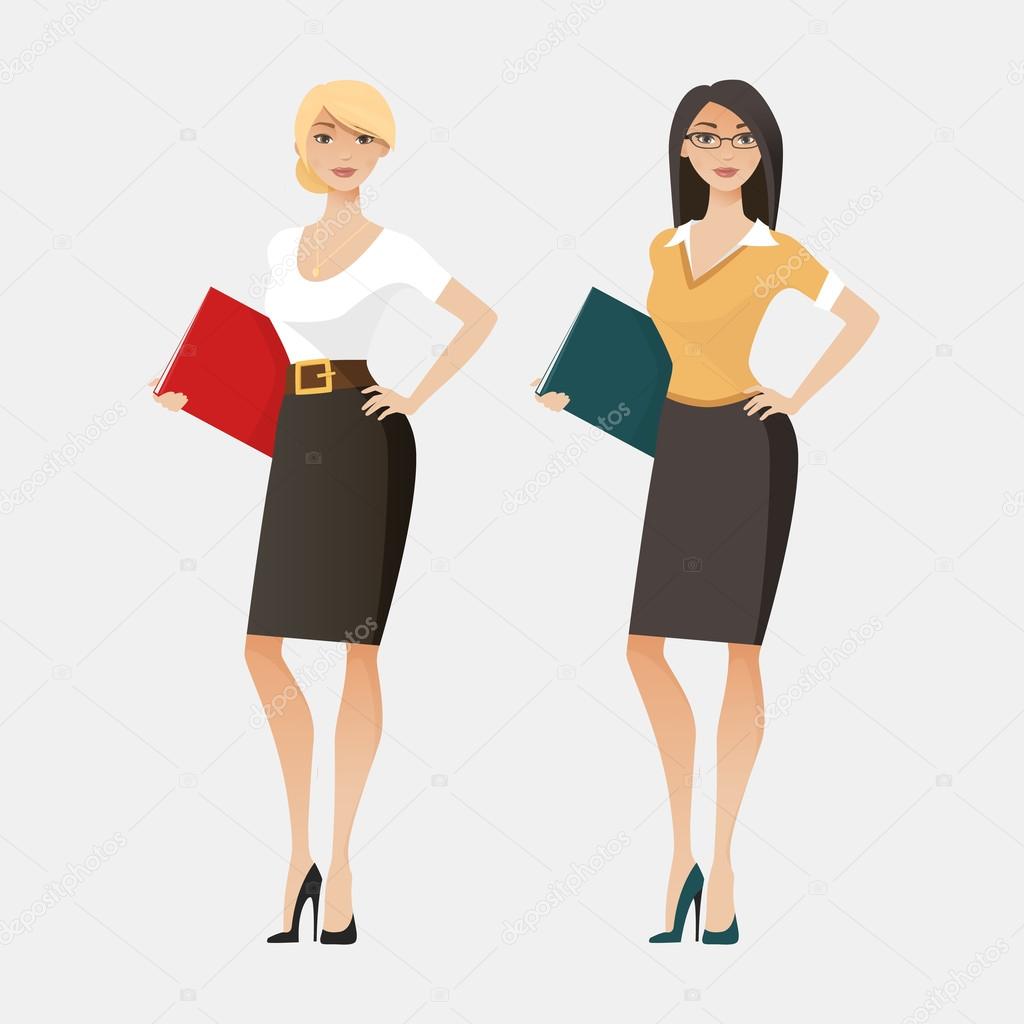 Young women in elegant office clothes. Vector illustration.