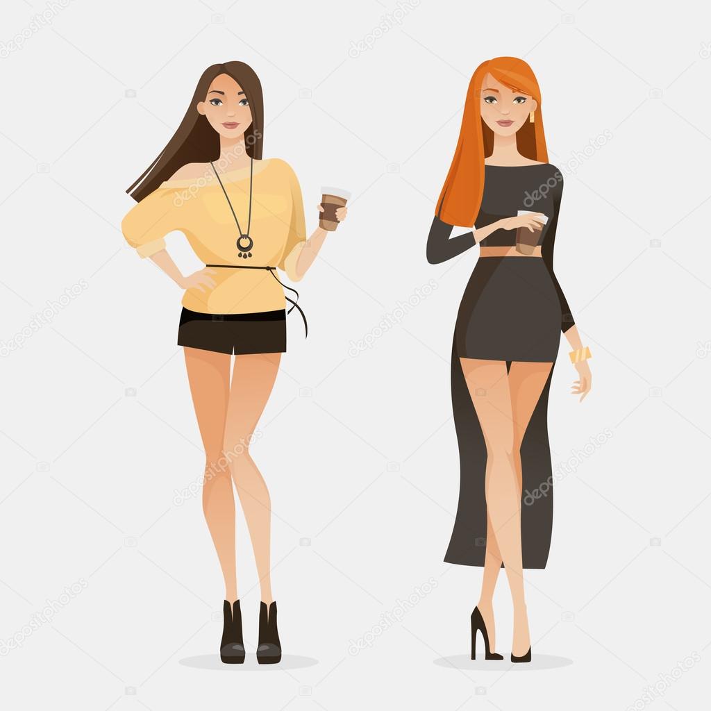 Young attractive women in fashion casual clothes, with coffee. Vector illustration.