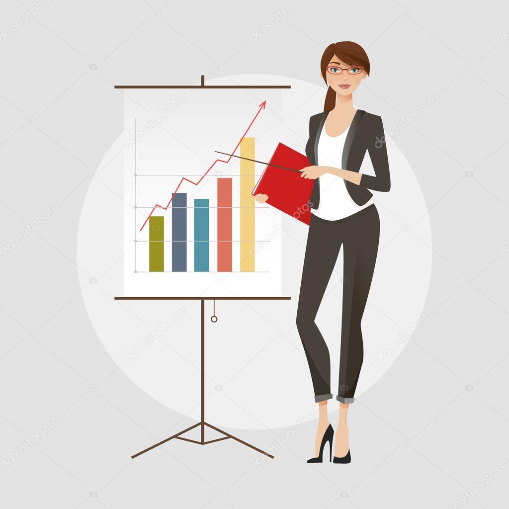 Young women in elegant office clothes points to a chart. Vector illustration.