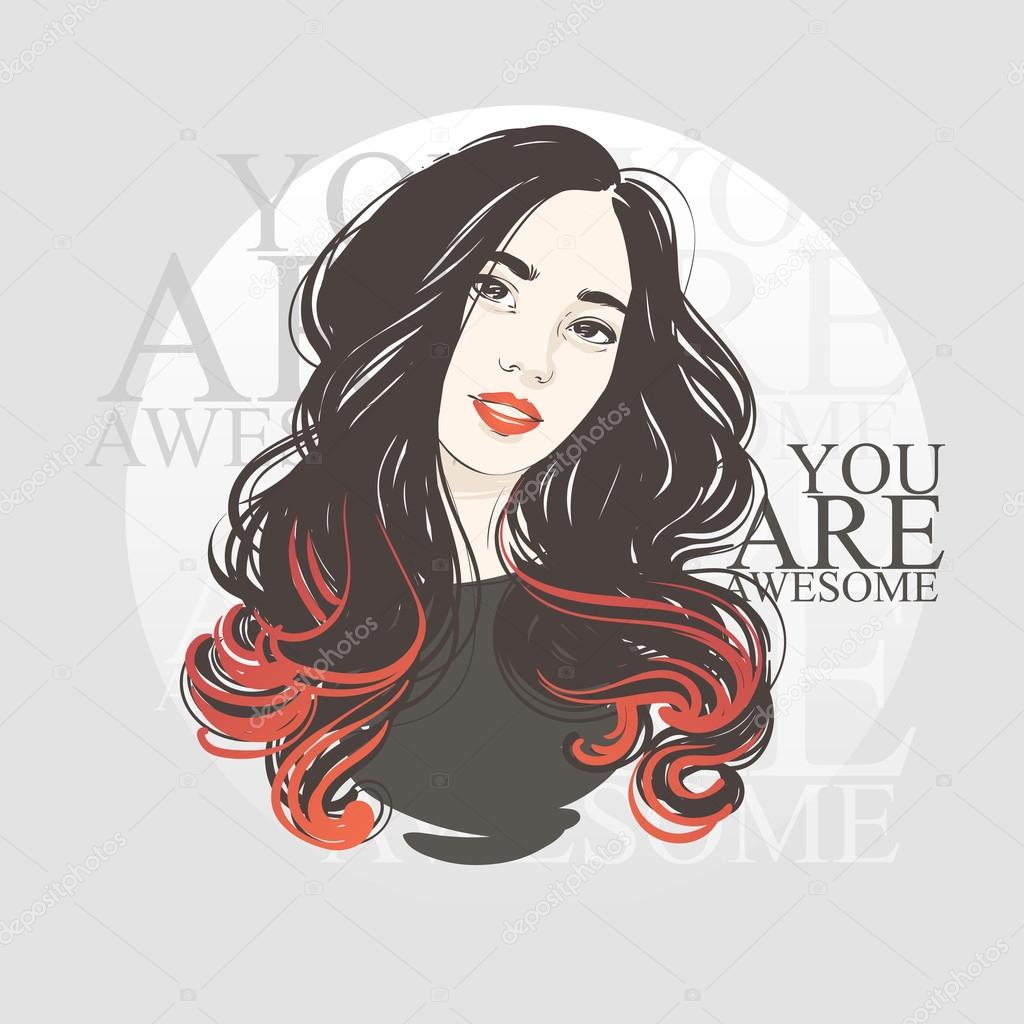 Portrait of a beautiful sexy girl with c, professional hair coloring concept. Vector hand drawn illustration.