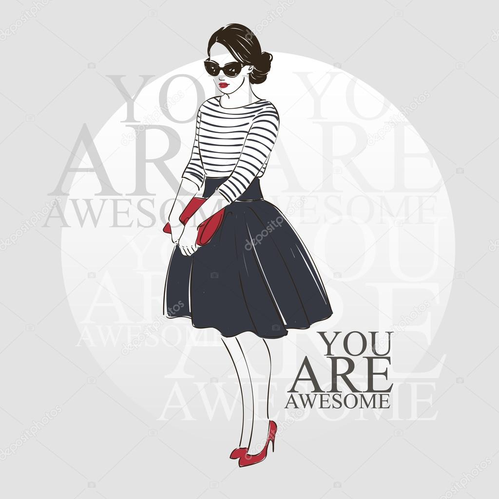Beautiful young women in a fashion retro clothes in glasses with bag and midi skirt. Vector hand drawn illustration.