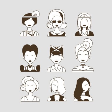 Vector illustration of young beautiful women from different times