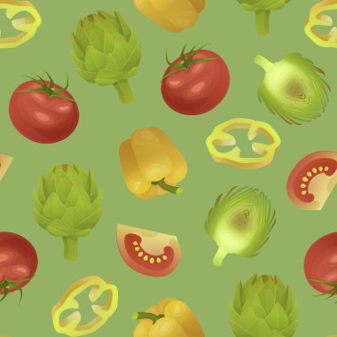 Seamless vector texture with artichokes, tomato and  peppers