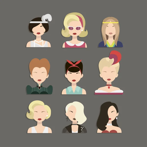 Ilustración vectorial de iconos de mujeres hermosas jóvenes de diferentes épocas — Vector de stock