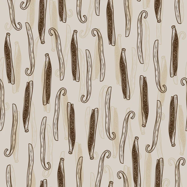 Vector seamless texture with vanilla sticks. Natural spices. Compilation of vector sketches. Kitchen herbs and spice. Vintage style. Hand drawn. — Wektor stockowy