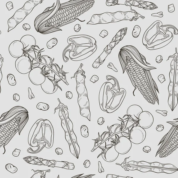Vector seamless pattern with corn, asparagus, cherry tomatoes, bean, pepper. Hand drawn illustration. — Stok Vektör