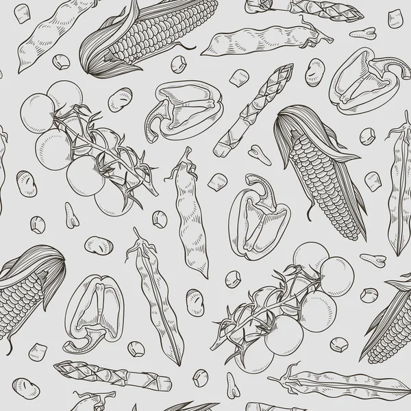Vector seamless pattern with corn, asparagus, cherry tomatoes, bean, pepper. Hand drawn illustration.