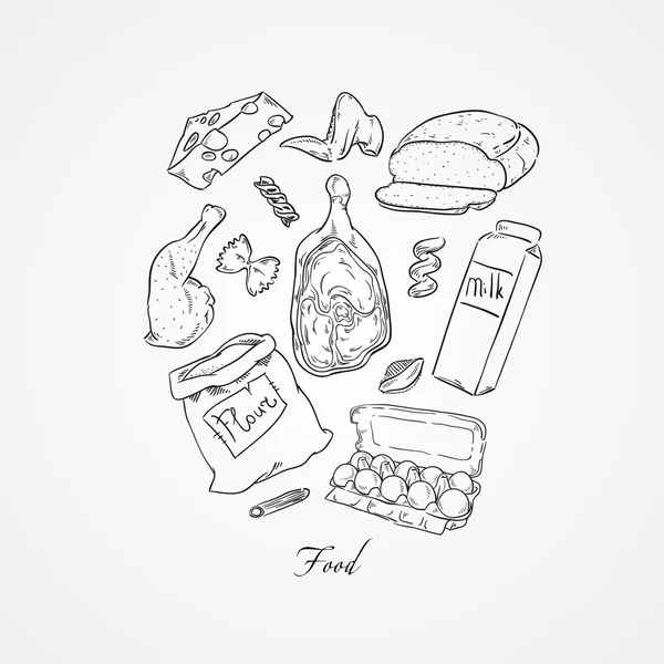 Collection of food and products that we buy or eat every day.  Hand drawn vector illustration. — Stock Vector