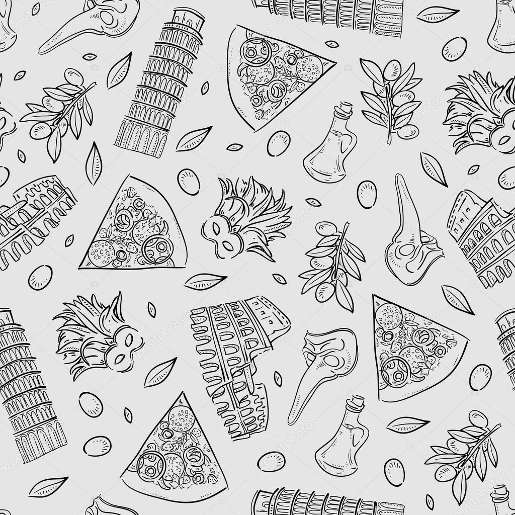 Seamless texture with Italy icons doodle hand drawn vector illustration