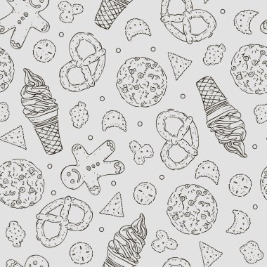 Vector hand drawn seamless texture of different confectionary.