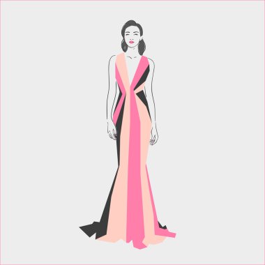 Beautiful young women in a long striped evening  dress with retro hairstile. Hand drawn vector illustration.