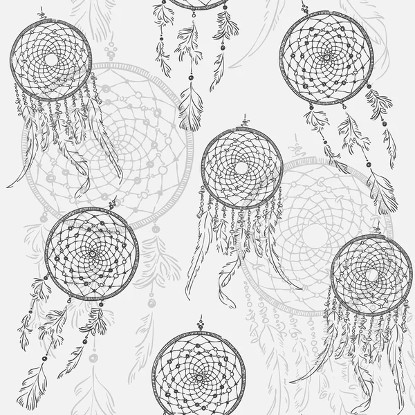 Vector seamless hand drawn background. Hand drawn illustration with  dreamcatchers  on the gray background. — Stockvector