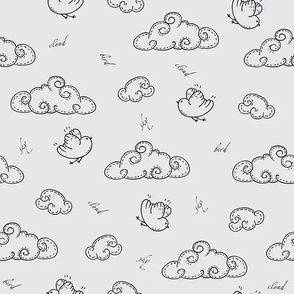 Cute doodle seamless background with clouds and birds. Hand drawn vector illustration. — Stockový vektor
